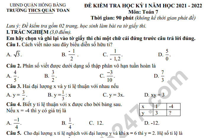 Đề thi kì 1 môn Toán lớp 7 (Có đáp án) - THCS Quán Toan 2022