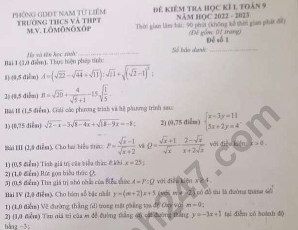 Đề thi kì 1 lớp 9 môn Toán - THCS và THPT Lômônôxôp 2022