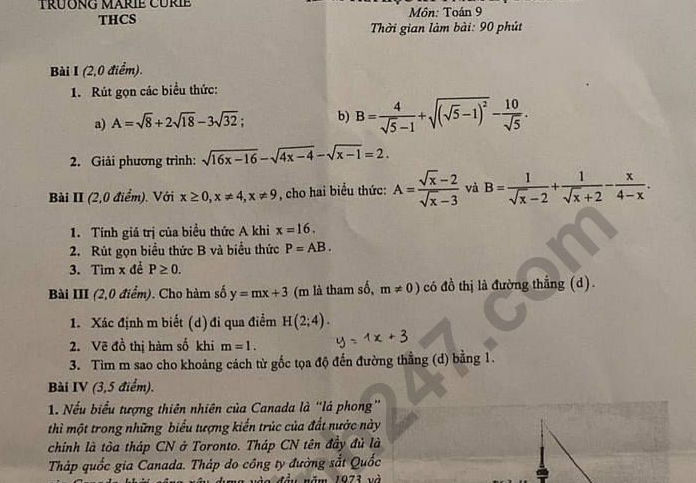 Đề thi kì 1 môn Toán lớp 9 năm 2022 - 2023 THCS Marie Curie