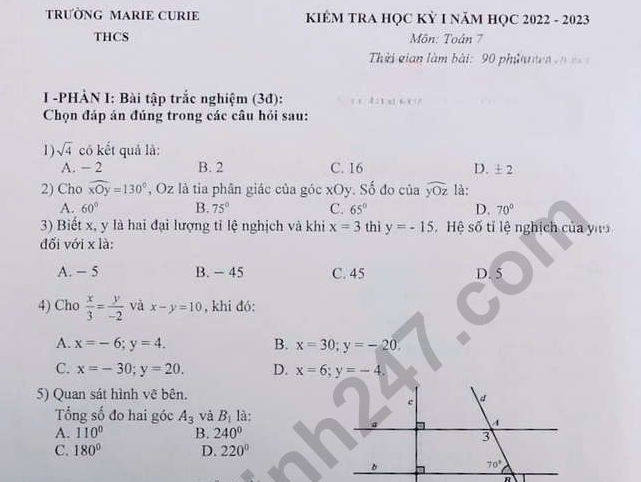 Đề kiểm tra kì 1 lớp 7 môn Toán 2022 - THCS Marie Curie