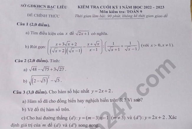 Đề thi kì 1 lớp 9 môn Toán năm 2022 - 2023 - Sở GD Bạc Liêu