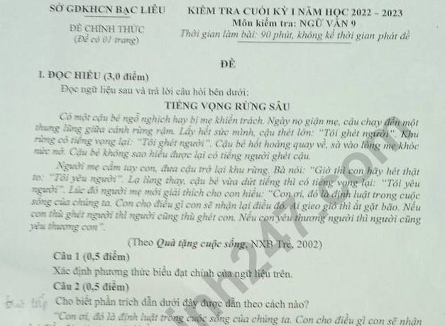 Đề thi học kì 1 Văn lớp 9 năm học 2022 - 2023 - Sở GD Bạc Liêu