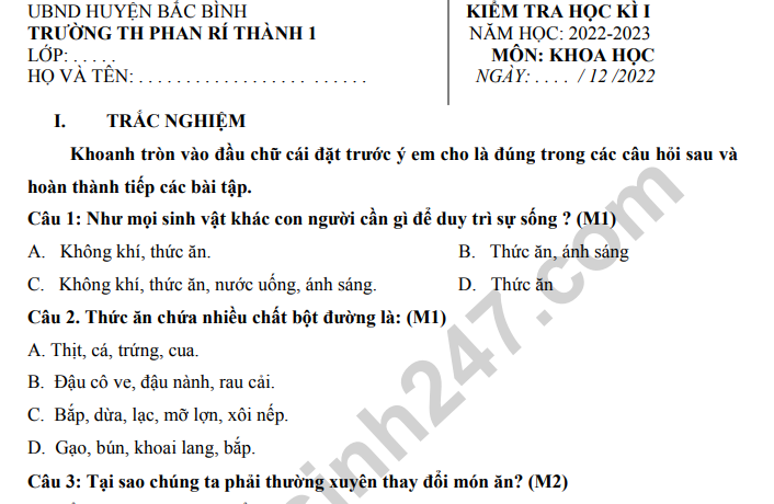 Đề thi kì 1 môn Khoa học lớp 4 - TH Phan Rí Thành 2022 (Có đáp án)