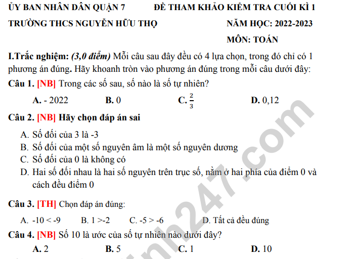 Đề tham khảo môn Toán lớp 6 học kì 1 năm 2022 - THCS Nguyễn Hữu Thọ