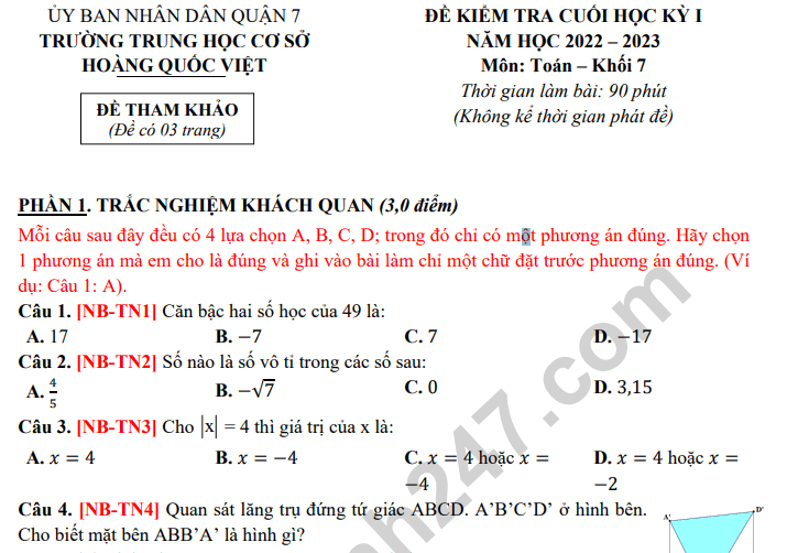 Đề thi kì 1 lớp 7 môn Toán THCS Hoàng Quốc Việt 2022 (Có đáp án) - Tham khảo