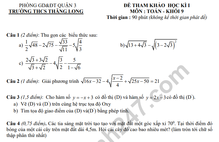 Đề thi kì 1 môn Toán lớp 9 năm 2022 (Tham khảo) - THCS Thăng Long