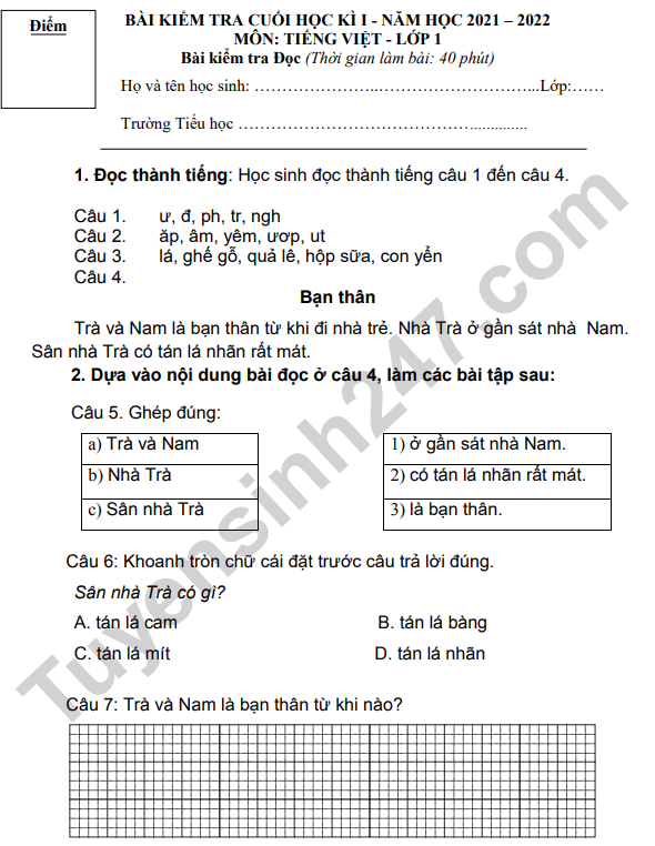 Đề thi cuối kì 1 lớp 1 môn Tiếng Việt 2022 (Có đáp án) - TH Mỹ Lộc