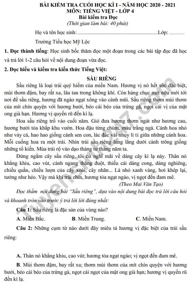Đề thi kì 1 lớp 4 môn Tiếng Việt (Có đáp án) - TH Mỹ Lộc