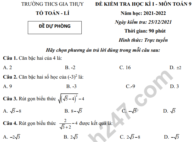 Đề thi kì 1 lớp 9 môn Toán năm 2022 (có đáp án) - THCS Gia Thụy