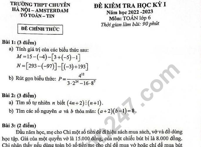 Đề thi kì 1 lớp 6 môn Toán năm 2022 - 2023 THPT Chuyên Hà Nội Amsterdam