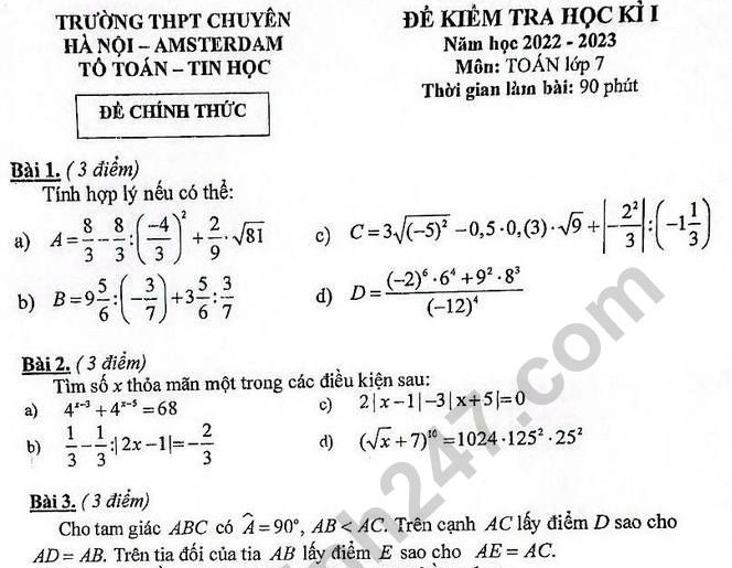 Đề thi cuối kì 1 Toán 7 năm 2022 - 2023 THPT Chuyên Hà Nội Amsterdam