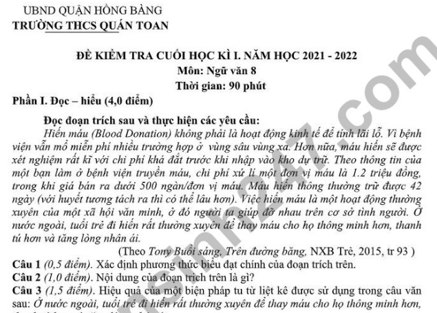 Đề thi kì 1 lớp 8 năm 2022 môn Văn - THCS Quán Toan (Có đáp án)