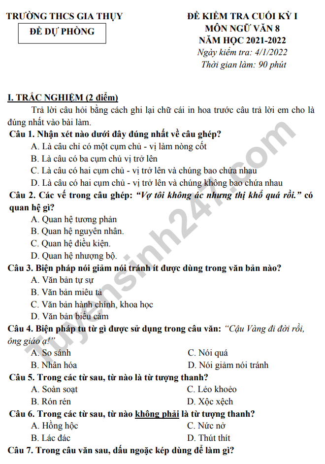 Đề thi kì 1 môn Văn lớp 8 năm 2022 - THCS Gia Thụy