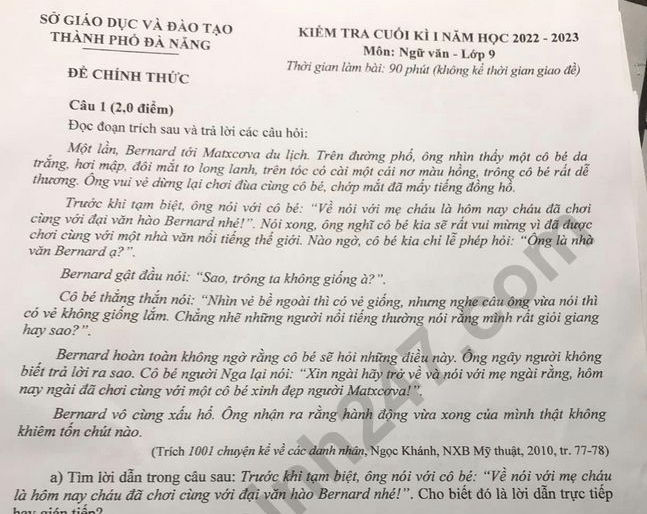 Đề thi học kì 1 môn Văn lớp 9 năm 2022 - 2023 Sở GD Đà Nẵng