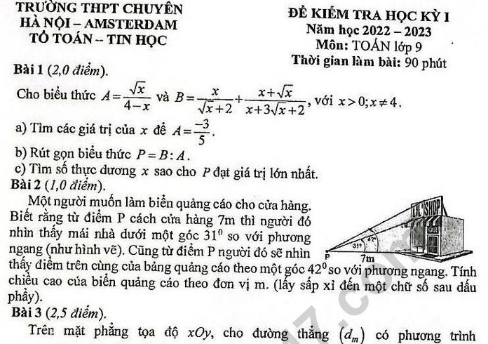 Đề kì 1 môn Toán lớp 9 năm 2022 - 2023 THPT Chuyên Amsterdam