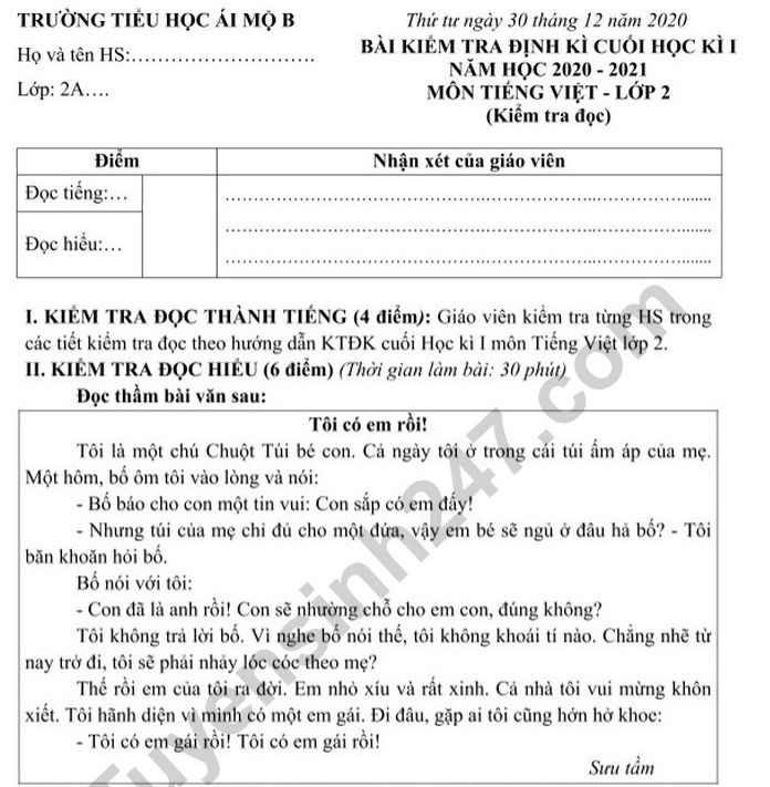 Đề kiểm tra cuối học kì 1 lớp 2 năm 2022 môn Tiếng Việt - TH Ái Mộ B