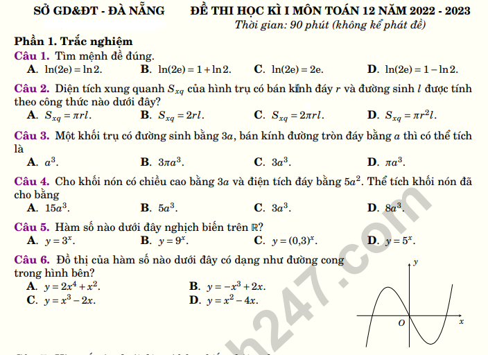 Đề thi môn Toán học kì 1 lớp 12 năm 2022 - 2023 Sở GD Đà Nẵng