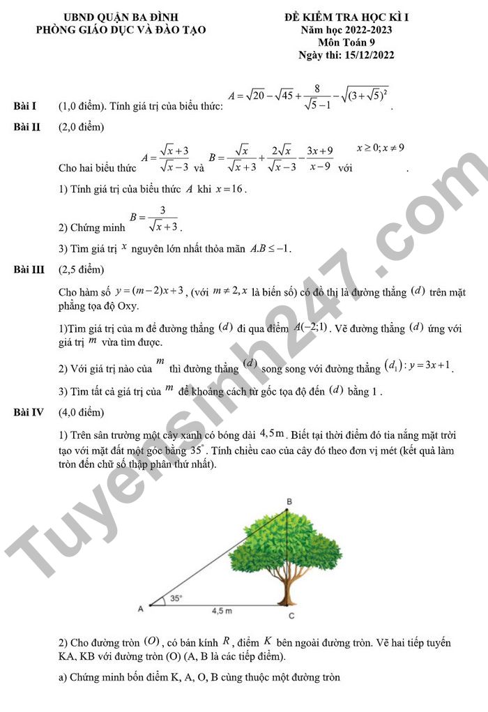 Đề thi kì 1 môn Toán lớp 9 Quận Ba Đình 2022 (Có đáp án)