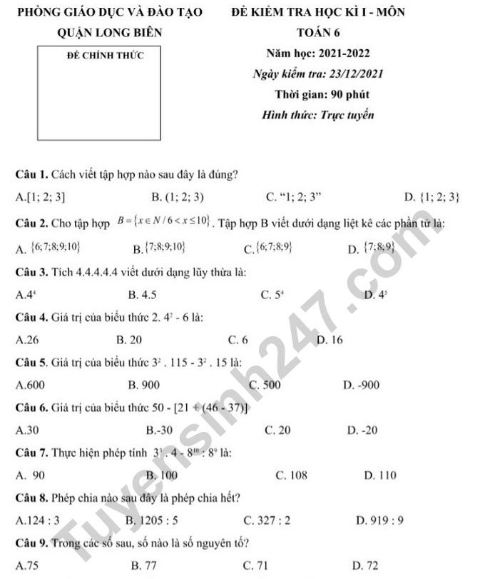 Đề thi học kì 1 môn Toán lớp 6 - Phòng GDĐT Quận Long Biên năm 2022