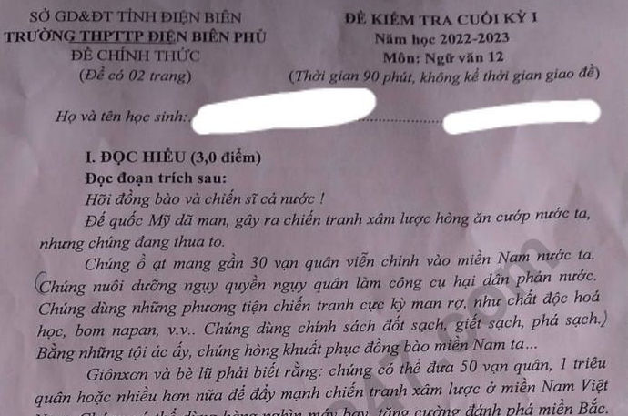 Đề thi cuối kì 1 môn Văn lớp 12 năm 2022 - 2023 THPT Điện Biên Phủ