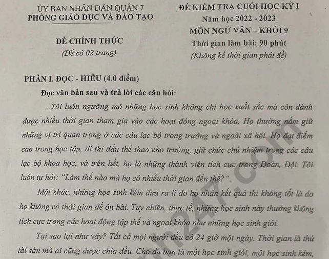 Đề thi kì 1 lớp 9 môn Văn - Quận 7 năm 2022