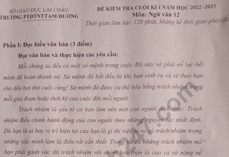 Đề thi kì 1 môn Văn lớp 12 năm 2022 - 2023 PTDTNT Tam Đường