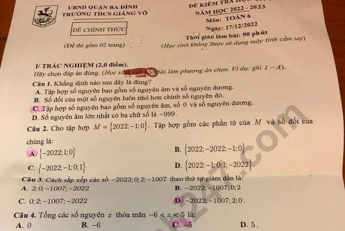 Đề thi kì 1 lớp 6 môn Toán năm 2022 - 2023 (Có đáp án) THCS Giảng Võ