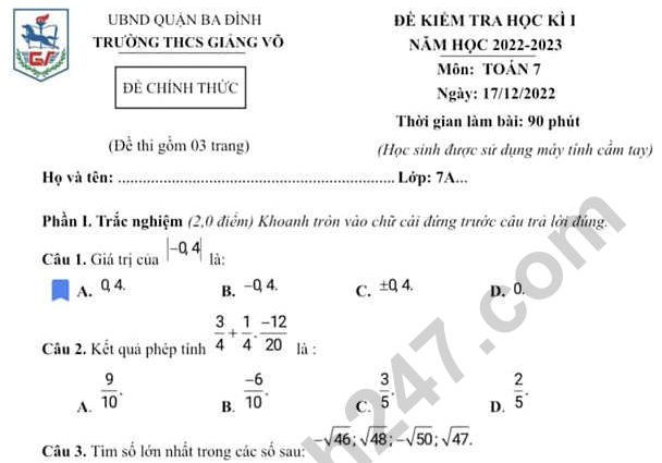 Đề thi kì 1 lớp 7 môn Toán năm 2022 - THCS Giảng Võ (Có đáp án)