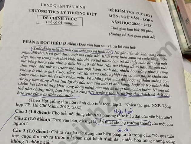 Đề cuối kì 1 môn Văn lớp 9 năm 2022 - 2023 THCS Lý Thường Kiệt