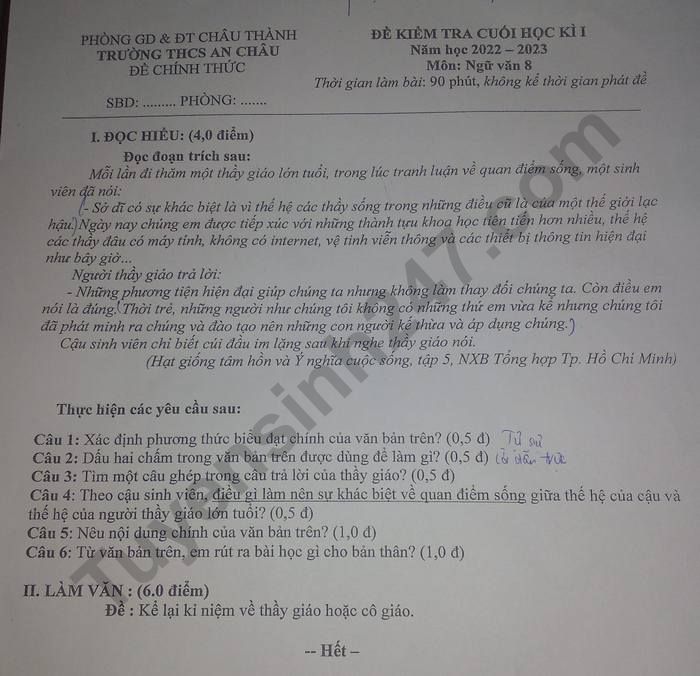 Đề thi học kì 1 lớp 8 môn Văn năm 2022 - THCS An Châu