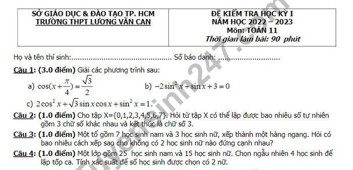 Đề thi đua kì 1 lớp 11 môn Toán trung học phổ thông Lương Văn Can 2022 (Có đáp án)
