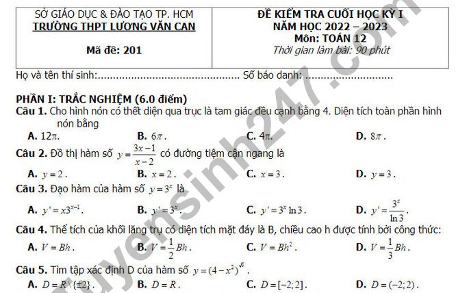 Đề thi kì 1 môn Toán 2022 lớp 12 - THPT Lương Văn Can (Có đáp án)