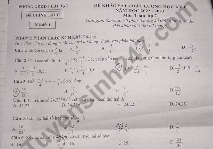 Đề thi kì 1 lớp 7 môn Toán năm 2022 Huyện Hải Hậu (Có đáp án)