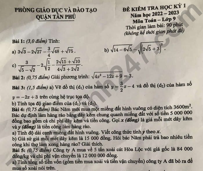 Đề thi học kì 1 môn Toán lớp 9 năm 2022 Quận Tân Phú