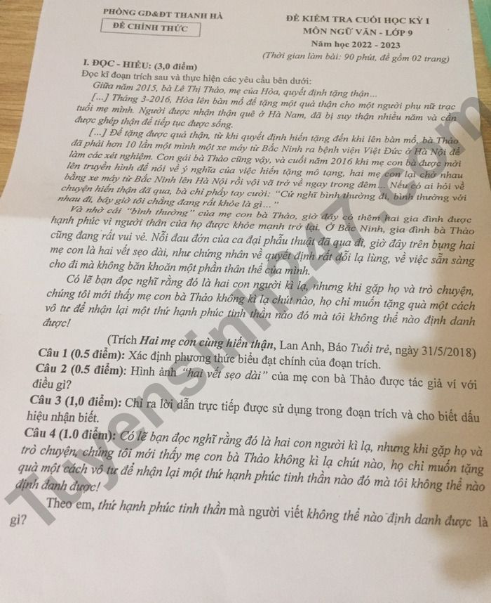 Đề kiểm tra kì 1 lớp 9 môn Văn 2022 Huyện Thanh Hà