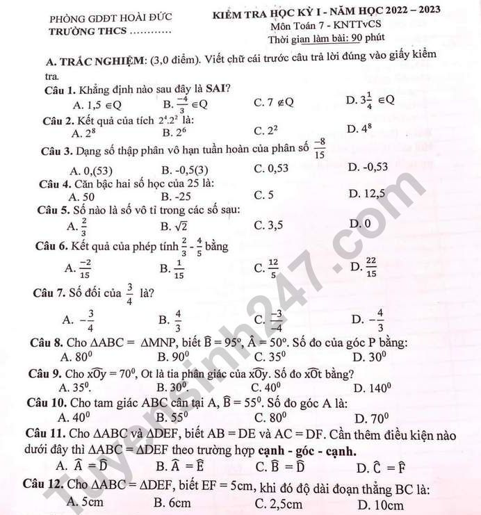 Đề thi kì 1 lớp 7 môn Toán năm 2022 - Phòng GDĐT Hoài Đức