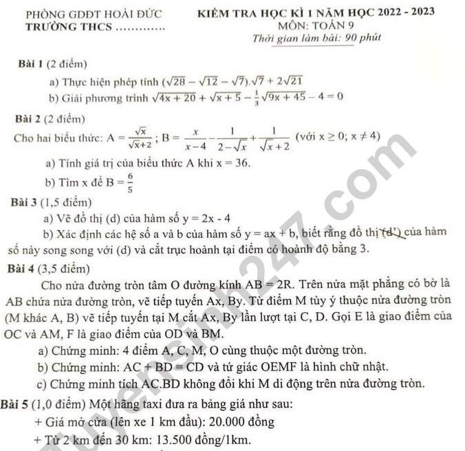 Đề thi kì 1 lớp 9 môn Toán năm 2022 - Phòng GDĐT Hoài Đức