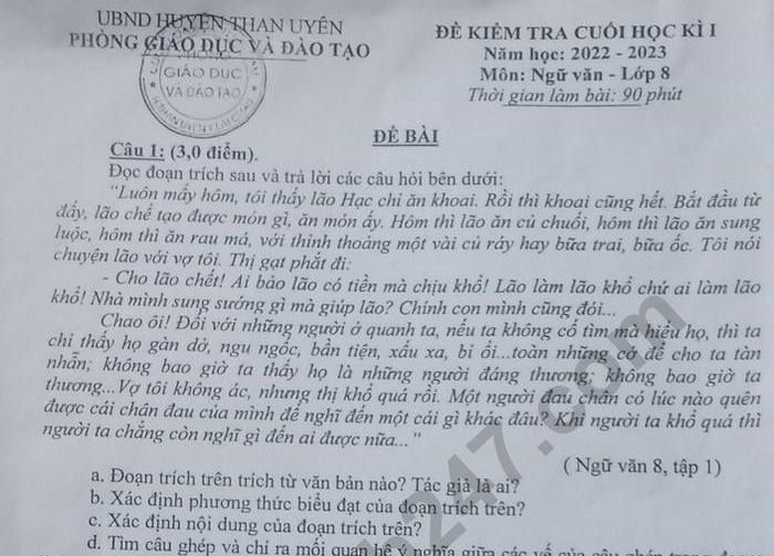 Đề thi kì 1 môn Văn lớp 8 - Phòng GD Than Uyên 2022