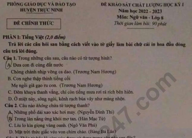 Đề thi kì 1 môn Văn lớp 8 năm 2022 - Phòng GD Trực Ninh