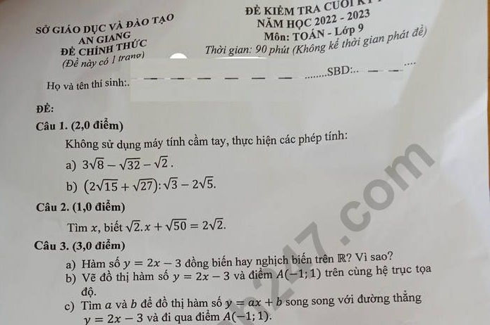 Đề thi môn Toán học kì 1 lớp 9 năm 2022 Sở GD An Giang (Có đáp án)