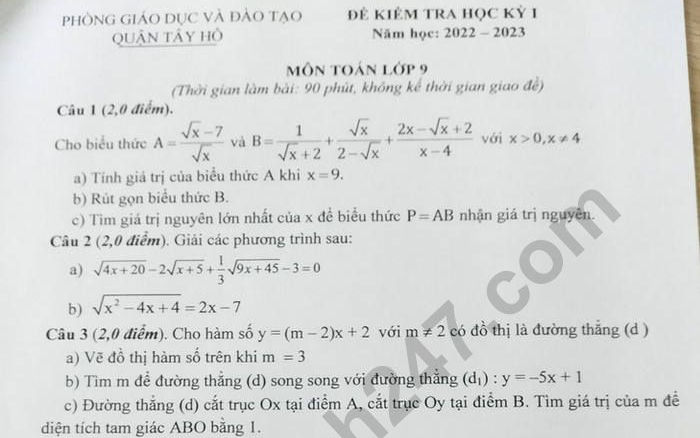 Đề thi kì 1 lớp 9 môn Toán - Quận Tây Hồ 2022