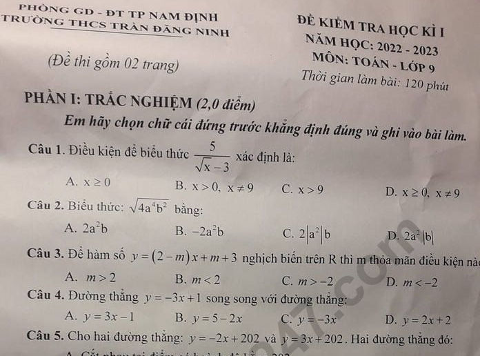 Đề thi kì 1 lớp 9 môn Toán - THCS Trần Đăng Ninh 2022