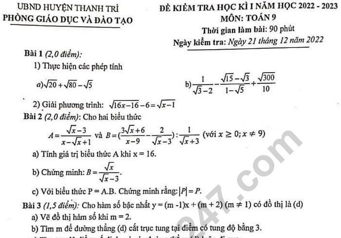 Đề thi kì 1 lớp 9 môn Toán - Phòng GD Thanh Trì 2022