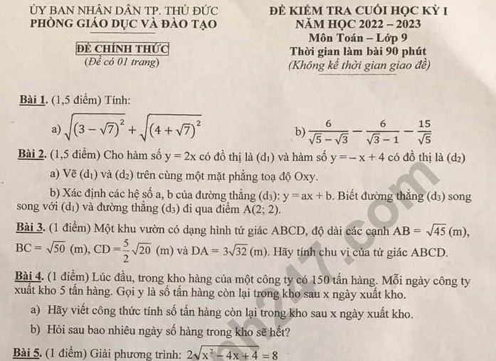 Đề thi học kì 1 lớp 9 môn Toán TP Thủ Đức 2022