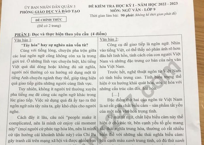 Đề thi cuối kì 1 môn Văn lớp 9 - Quận 5 năm 2022