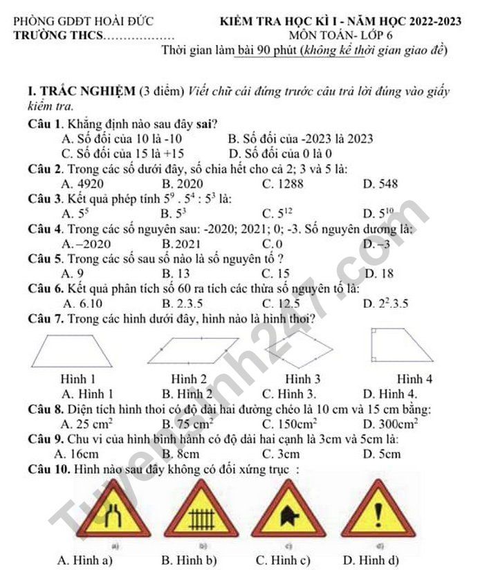 Đề thi cuối kì 1 môn Toán lớp 6 - Phòng GDĐT Hoài Đức năm 2022