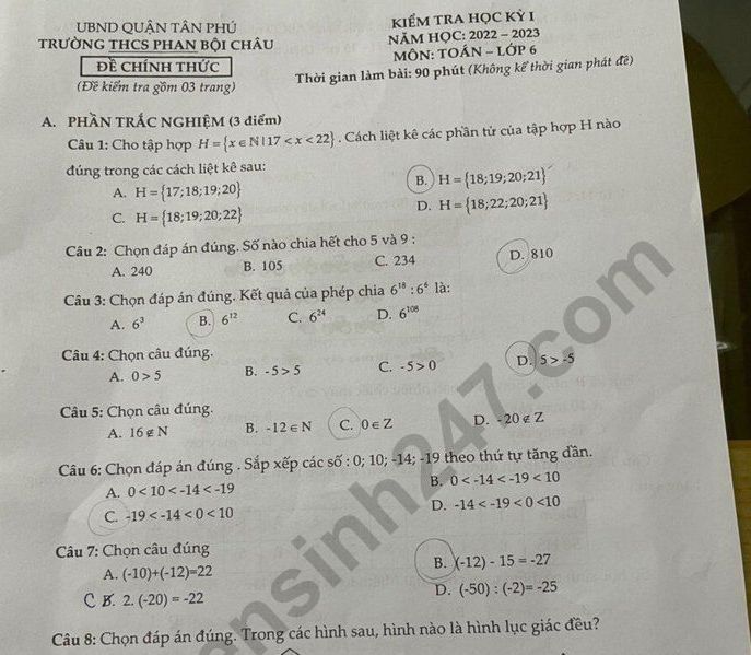 Đề thi cuối kì 1 môn Toán lớp 6 - THCS Phan Bội Châu năm 2022