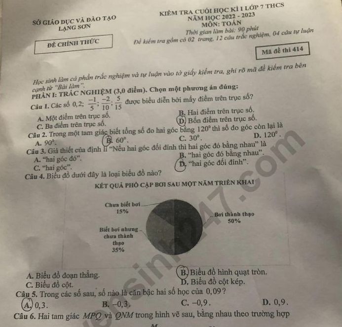 Đề thi cuối kì 1 môn Toán lớp 7 - Sở GDĐT Lạng Sơn năm 2022