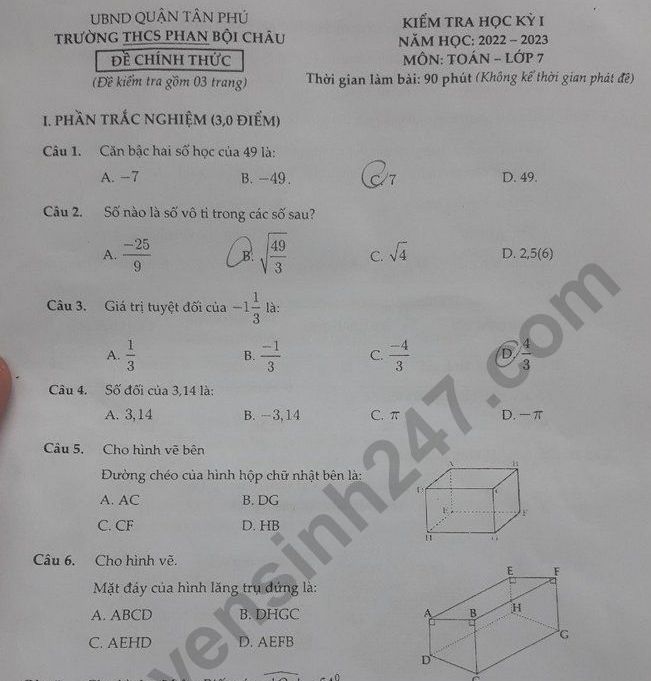 Đề thi kì 1 lớp 7 môn Toán năm 2022 - THCS Phan Bội Châu