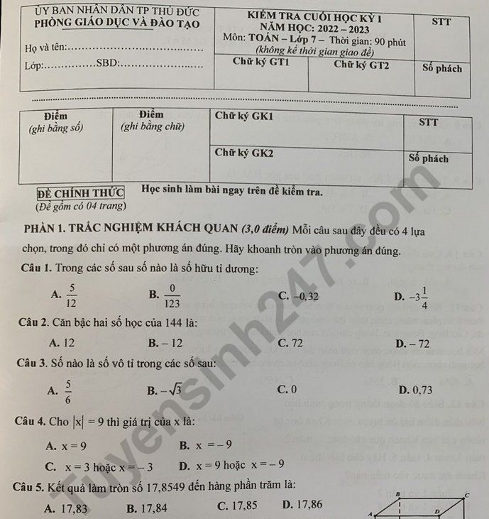 Đề thi HK 1 lớp 7 môn Toán năm 2022 - Phòng GDĐT - TP Thủ Đức